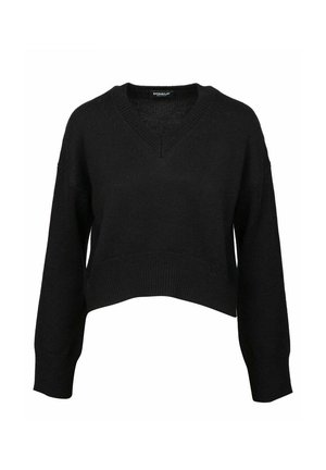 Maglione cropped nero a maglia con scollo a V, maniche lunghe e polsini e orlo a costine, etichettato Dondup.