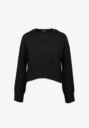 Maglione cropped nero a maglia con scollo a V, maniche lunghe e polsini e orlo a costine, etichettato Dondup.