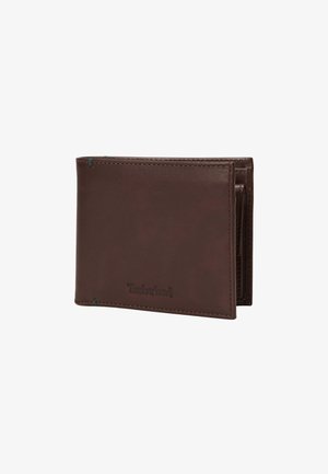 Portafoglio bifold in pelle marrone con logo Timberland in rilievo e cuciture visibili su sfondo bianco.