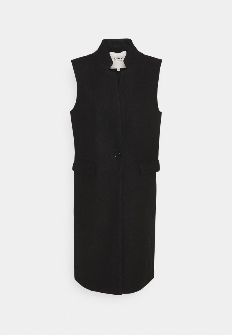 Long manteau noir sans manches avec col haut, un bouton à l'avant et deux poches à rabat à la taille, présenté sur fond blanc.