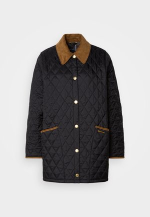 Tűzött fekete dzseki barna kordbársony gallérral, arany gombokkal és kontrasztos díszítéssel, két elülső zsebbel és diszkrét márkajelzéssel.