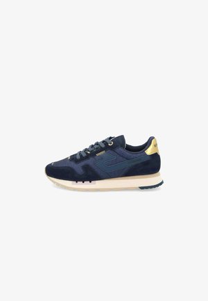 Navy blue sneakers with a mix of suede and textile materials, featuring a cream midsole, contrasting dark accents, and textured detailing.