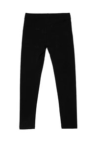 Collant neri realizzati in materiale elasticizzato, con un design aderente, cinturino elastico e senza cuciture o decorazioni visibili.