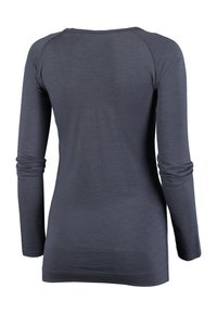 Langarmshirt in Dunkelgrau, aus weichem Stoff gefertigt, mit einem runden Ausschnitt und figurbetonten Ärmeln. Keine sichtbaren Muster oder Grafiken.