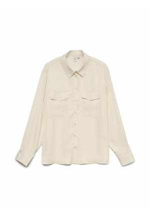 Krēmpinkā krāsā garā piedurkne krekls ar pogu aizdari, divām krūšu kabatām un klasisku apkakli, izgatavots no gluda, viegla auduma.