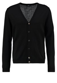 Cardigan nero con scollo a V, maniche lunghe e bottoni frontali. Realizzato in un morbido tessuto a maglia, presenta un design classico e aderente.