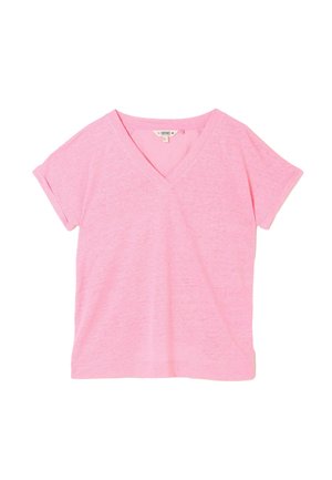 Miękki różowy t-shirt z krótkim rękawem, dekoltem w serek i mankietami, wykonany z lekkiego materiału.