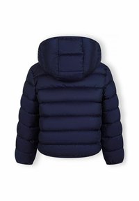 Jūras flotē zilas krāsas iestrādāts kapuci ziemas jaka ar horizontālu quiltēšanu, garām piedurknēm un elastīgām aprocēm, redzama no mugurpuses.