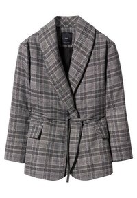 Geruite blazer in grijs en zwart met een sjawl kraag, ceintuur ter hoogte van de taille, twee voorzakken en een textuurstof. Op maat gesneden ontwerp.