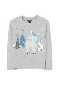 Hellgrauer Pullover mit einem Einhorn-Design, das eine blaue Paillettenmähne und Bäume zeigt, verziert mit silbernen Pailletten und Sternen. Strickstoff.