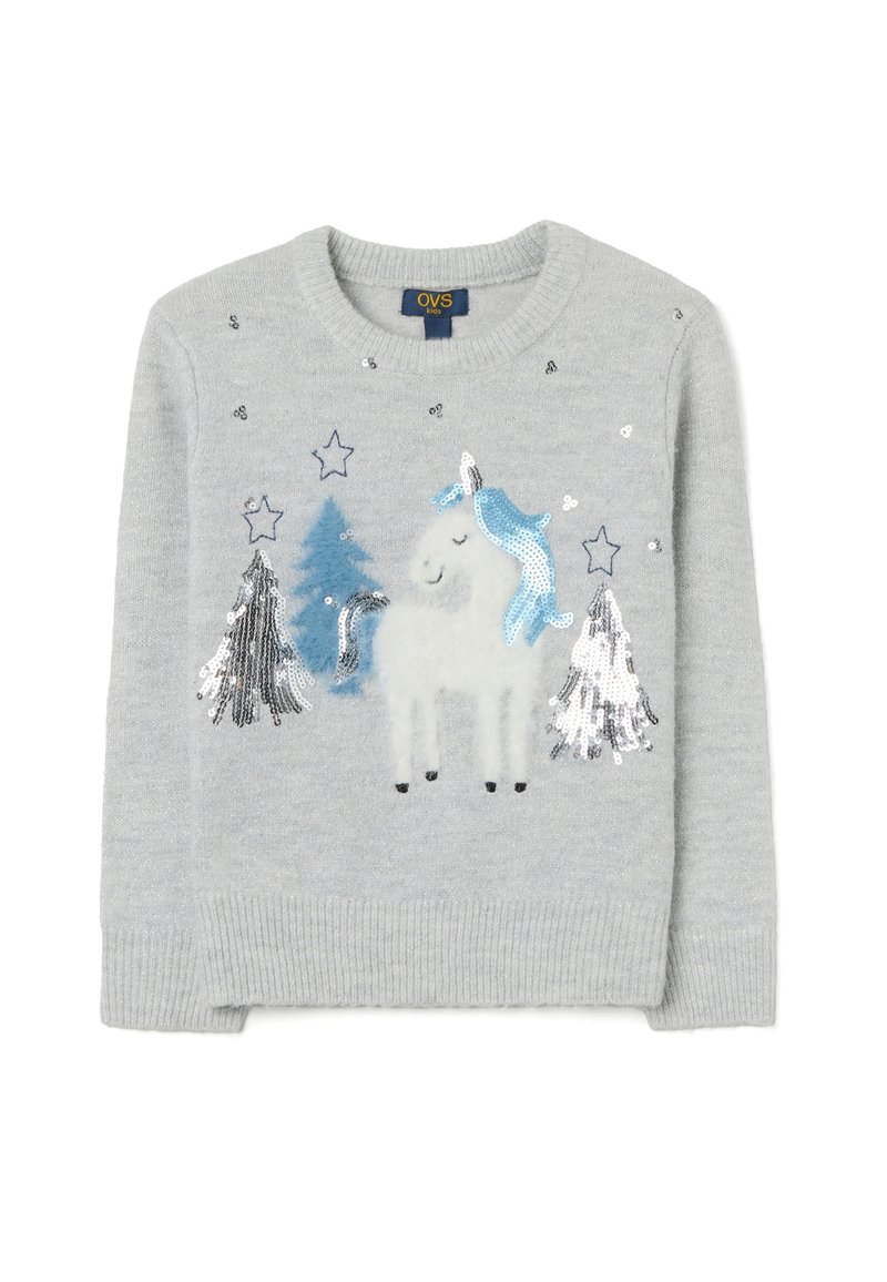 Hellgrauer Pullover mit einem Einhorn-Design, das eine blaue Paillettenmähne und Bäume zeigt, verziert mit silbernen Pailletten und Sternen. Strickstoff.