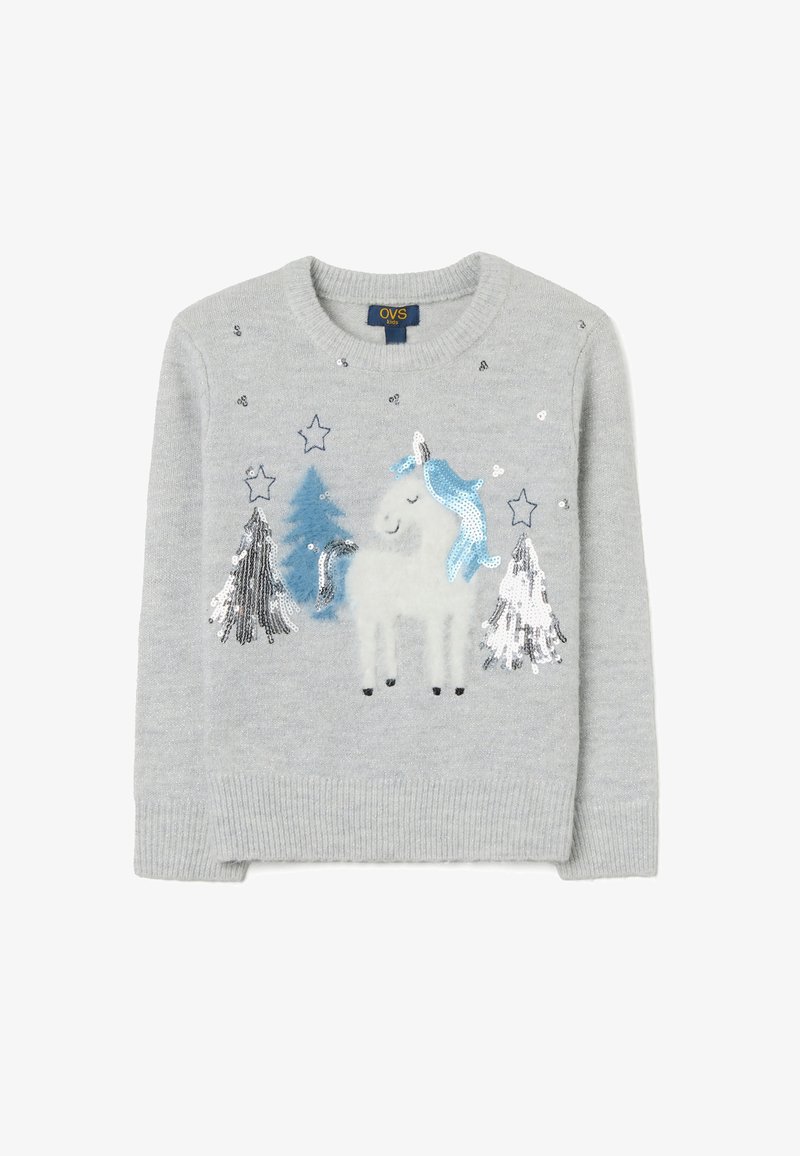 Hellgrauer Pullover mit einem Einhorn-Design, das eine blaue Paillettenmähne und Bäume zeigt, verziert mit silbernen Pailletten und Sternen. Strickstoff.