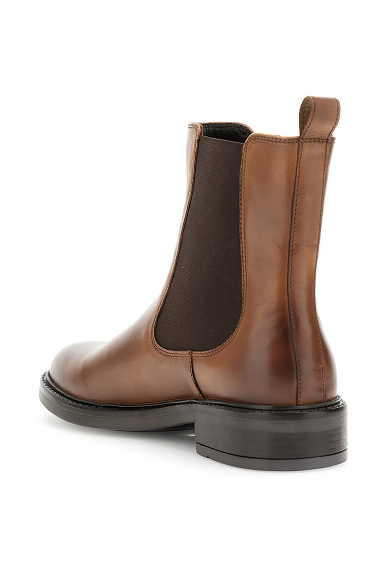 Braune Leder Chelsea-Stiefel mit elastischen Seitenteilen, runder Zehenform, Gummisohle und Zugschlaufe hinten für ein einfaches Anziehen.