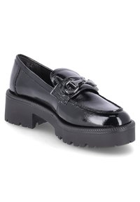 Mocassins en cuir verni noir avec une semelle en caoutchouc épaisse, ornés d'une boucle décorative et d'une texture lisse.