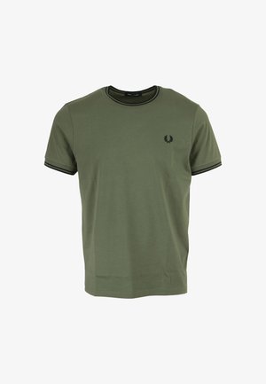 T-shirt in cotone verde oliva con collo rotondo, bordino nero su maniche e colletto, e un piccolo logo di foglie di alloro sul petto.