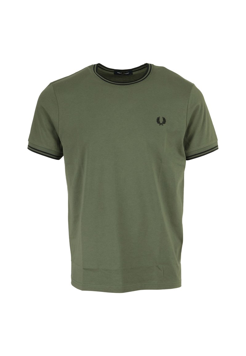 T-shirt in cotone verde oliva con collo rotondo, bordino nero su maniche e colletto, e un piccolo logo di foglie di alloro sul petto.