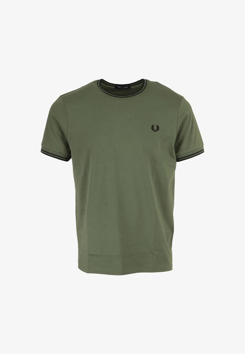 T-shirt in cotone verde oliva con collo rotondo, bordino nero su maniche e colletto, e un piccolo logo di foglie di alloro sul petto.