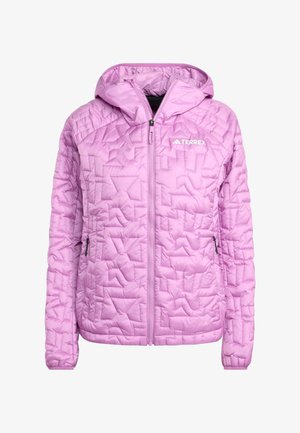 Light pink insulated jacket with a hood, featured with diamond quilted texture, full front zipper, and two side pockets. Terrex logo displayed.