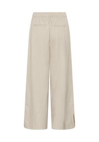 Pantalon beige à jambes larges avec ceinture élastique, fentes aux ourlets et deux poches passepoilées à l'arrière, vu de dos.