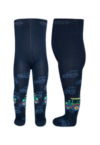 Marineblaue Strumpfhosen mit einem detaillierten Traktor-Muster in lebhaften Farben. Weicher Stoff mit enger Passform und geripptem Bund für zusätzlichen Komfort.