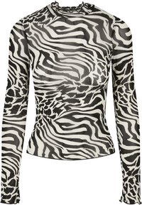 Svart och vit zebramönstrad långärmad topp i genomskinligt tyg, med hög volangkrage och figurnära design.