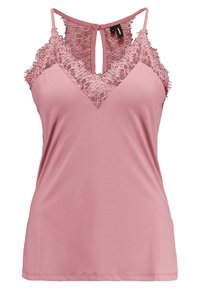 Rosa ärmlös topp med V-ringning, med spetsdetaljer på axlarna och halsringningen, samt en knappstängning på baksidan. Mjukt tyg.