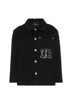 Veste noire à col pointu, boutons argentés, écusson brodé "R" et accents décoratifs sur les épaules.