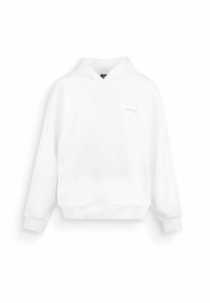 Felpa bianca a maniche lunghe con cappuccio, tasca frontale e piccolo testo "NO NAME" sulla parte superiore del petto, mostrata su sfondo bianco.