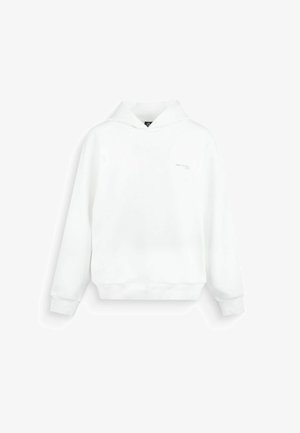 Sweat à capuche blanc à manches longues avec poche frontale et petit texte « NO NAME » sur la poitrine, présenté sur un fond blanc.