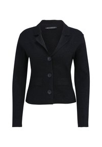 Svart stickad kavaj med en knappknäppning, två framfickor och en spetsig krage. Texturerad, figurnära design med långtärmar.