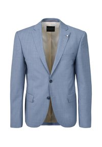 Helles blaues Blazer aus strukturiertem Stoff, einreihiges Design, zwei Fronttaschen und beiges Futter. Mit einem kleinen Logo-Element.
