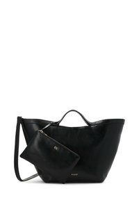 Black leather tote bag with a smooth texture, featuring a rounded shape and dual handles. Includes a matching zippered pouch with gold accent.