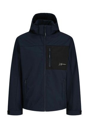 Veste à capuche bleu marine avec fermeture éclair sur le devant, poche poitrine noire zippée et poignets ajustables.