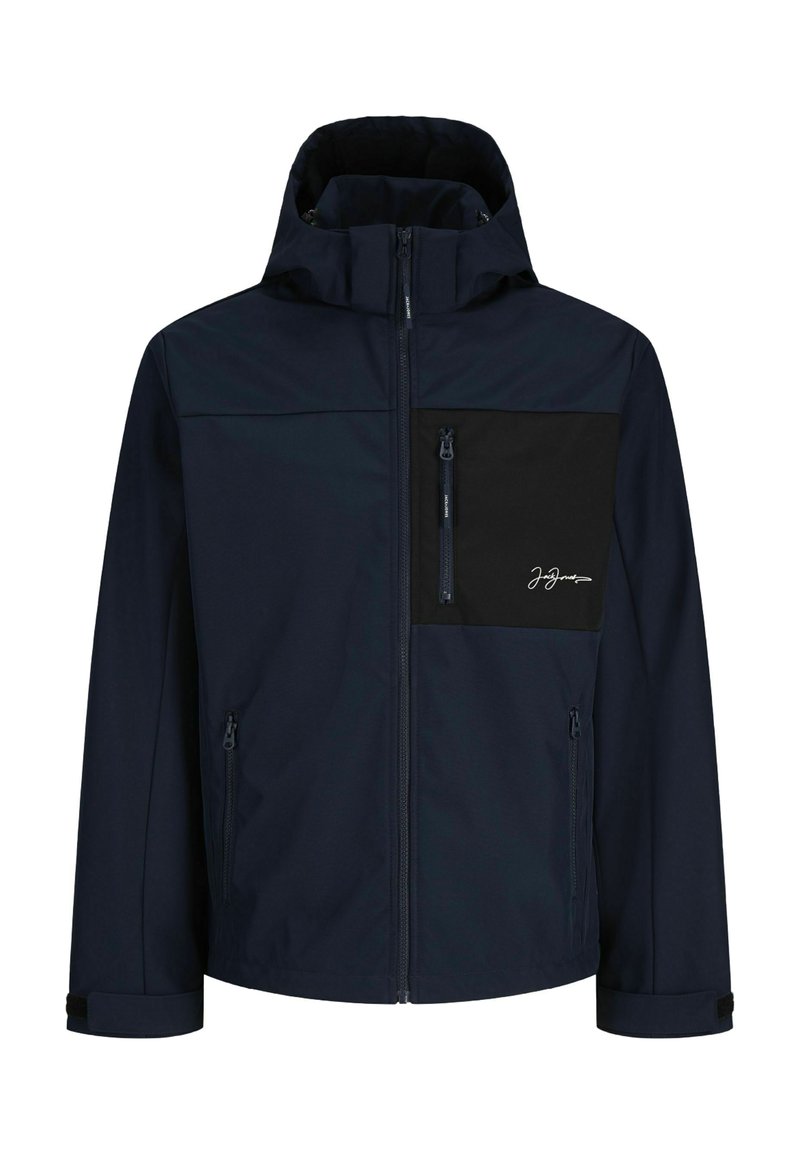 Veste à capuche bleu marine avec fermeture éclair sur le devant, poche poitrine noire zippée et poignets ajustables.