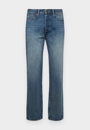 Mannen blauwe denim jeans met een rechte pijpdesign, voorzien van een enkele knoopsluiting, voorzakken en een subtiele vervaagde textuur.