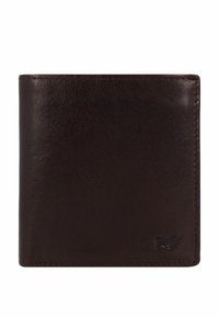 Portafoglio in pelle marrone con una texture liscia, design bi-fold e stile minimalista. Presenta un piccolo logo nell'angolo in basso.
