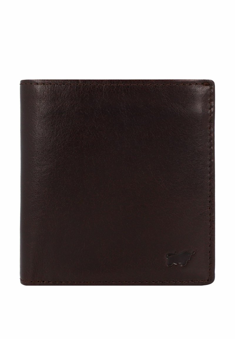 Portafoglio in pelle marrone con una texture liscia, design bi-fold e stile minimalista. Presenta un piccolo logo nell'angolo in basso.