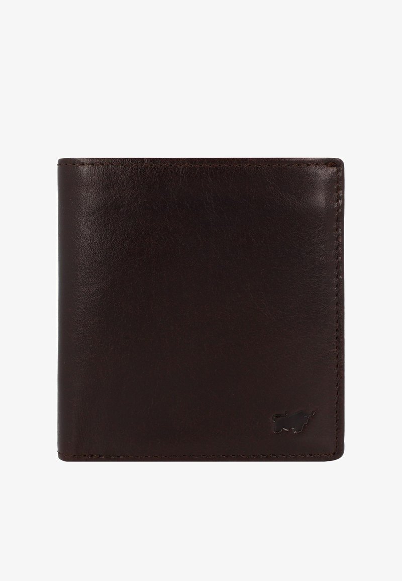 Portafoglio in pelle marrone con una texture liscia, design bi-fold e stile minimalista. Presenta un piccolo logo nell'angolo in basso.