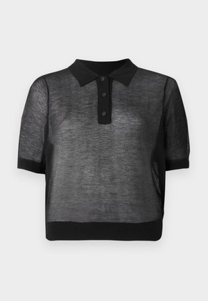 Schwarz kurzärmeliges Poloshirt aus transparentem Stoff mit einem einfarbigen schwarzen Kragen und Ärmelbündchen, ausgestattet mit einer Knopfleiste mit drei Knöpfen.