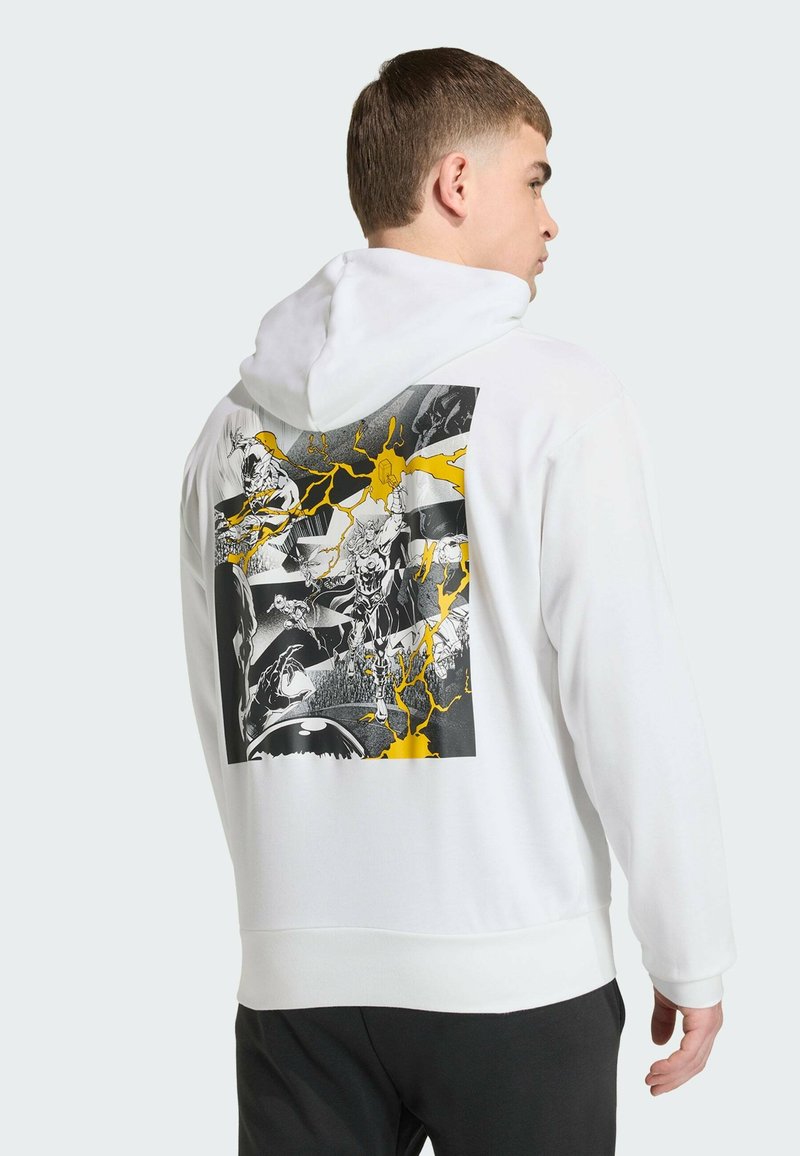 White hoodie with a graphic print on the back featuring black and yellow comic-style illustrations and lightning accents.