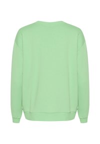 Sweatshirt vert menthe, en tissu doux, avec un col rond, des manches longues et une coupe décontractée avec des poignets et un ourlet côtelés.