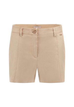 Bežā šortos, kuri izgatavoti no kokvilnas maisījuma auduma. Ietver poga aizdari, sānu kabatas un vienkāršu, piegrieztu dizainu.