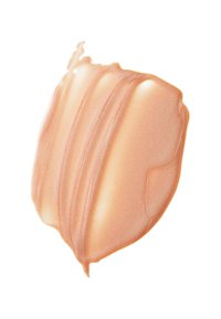 Pfirsichfarbige, cremige Kosmetik mit schimmerndem Finish, glatter Textur und subtiler Ausstrahlung. In einer kreisförmigen, fließenden Form aufgetragen.