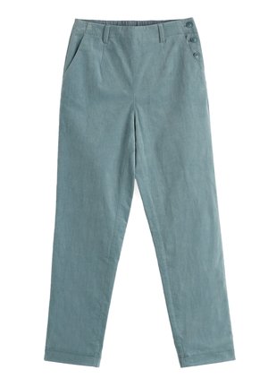 Pantaloni de culoare albastru deschis, cu talie înaltă, buzunare laterale și trei butoane pe partea dreaptă a taliei, cu croială dreaptă și design cu fața plată.