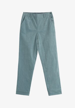 Lichtblauwe high-waist broeken met zijzakken en drie knopen op de rechter tailleband, rechte pijpen en een vlakke voorkant.