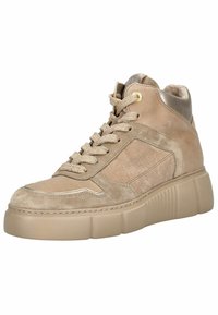 Beige High-Top-Sneaker aus Wildleder und Leder mit strukturiertem Finish, runder Zehenpartie, Schnürsenkeln und einer dicken, gerippten Sohle.