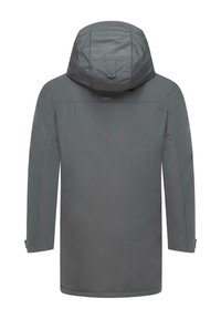 Pelēks, ūdensizturīgs parka mētelis ar kapuci, garām piedurknēm un taisnu griezumu. Iespējamā gluda tekstūra un minimālistisks dizains.