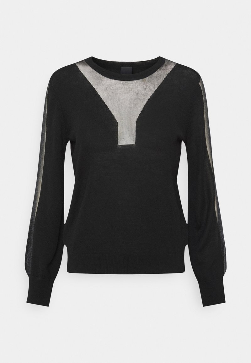 Pull noir à manches longues avec un motif en forme de Y argenté sur la poitrine et des rayures argentées courant le long des manches.