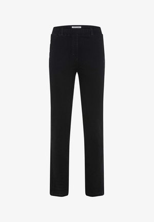 Schwarze Leggings aus elastischem Material mit glatter Textur, elastischem Bund und klassischem geradem Schnitt. Mit dezenten Nähten und seitlichen Taschen.