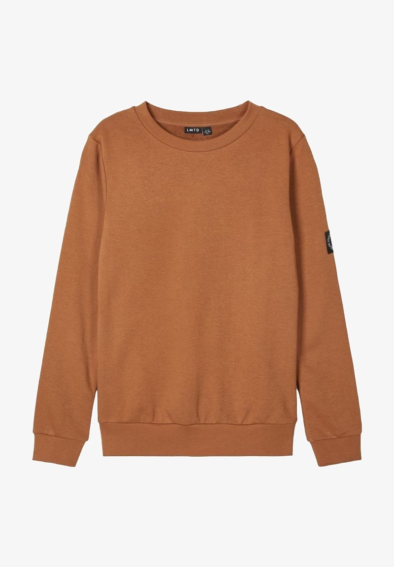 Sweatshirt marron avec un col rond, des manches longues, des poignets et un ourlet côtelés, et une petite étiquette noire sur le côté gauche. Texture douce.